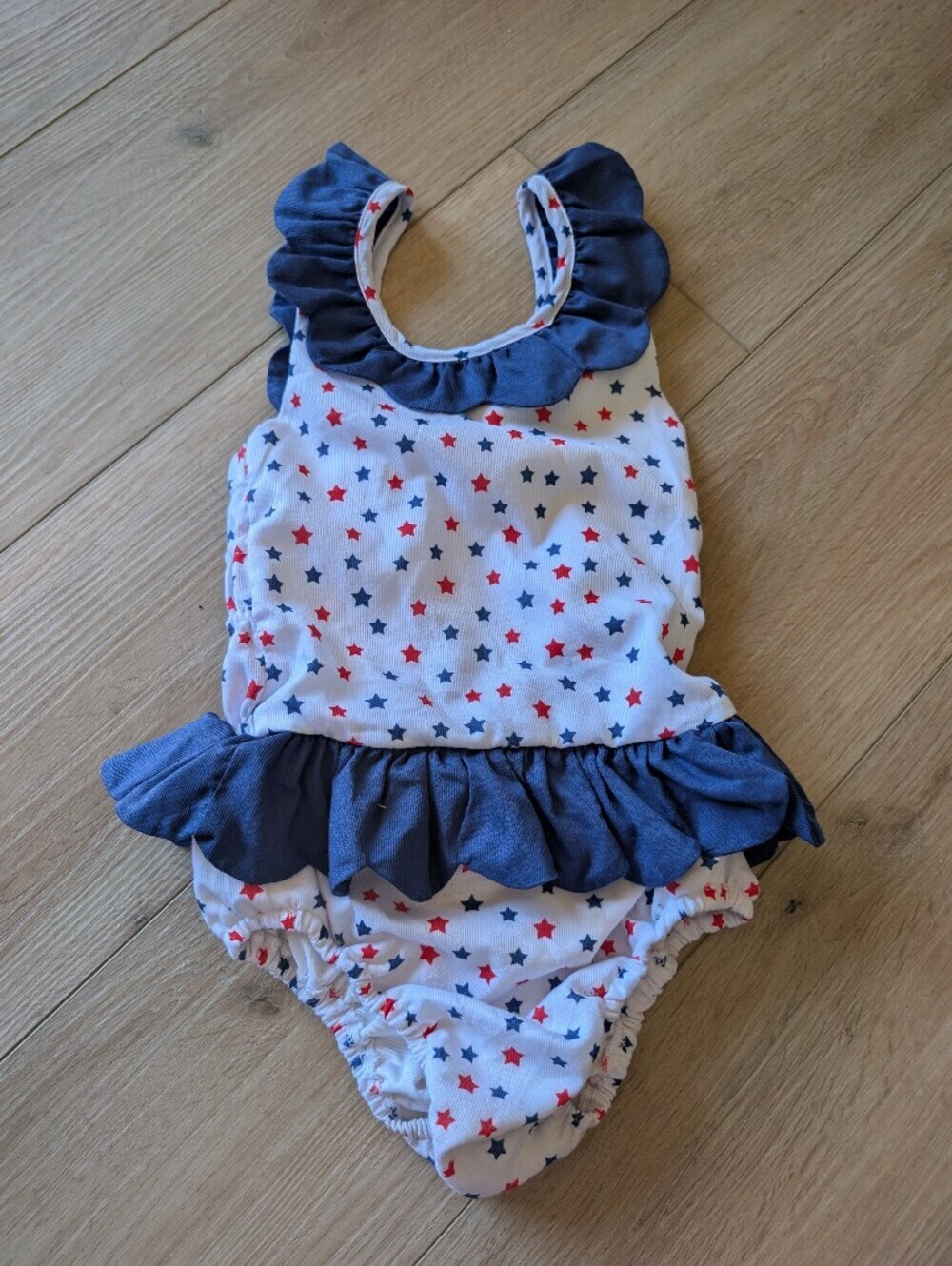 Cecil & Lou Star Print Ruffled One-Piece Swimsuit-Red, White, & Blue